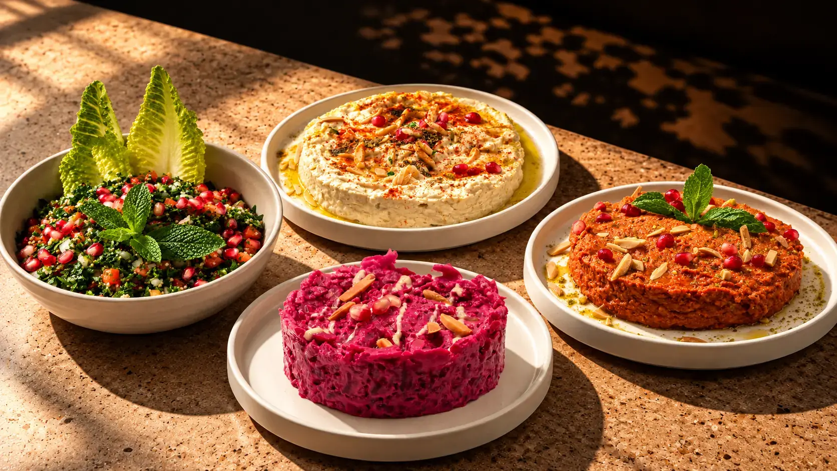 Hummus, beetroot moutabal, muhammara and tabbouleh in white dishes on a stone table, scattered with almonds and pomegranate.