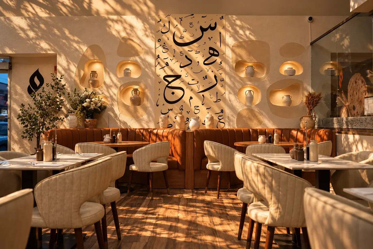 The Mish Mish mezza dining room in golden light, with the calligraphy wall, lit pottery niches, banquettes and cream chairs.