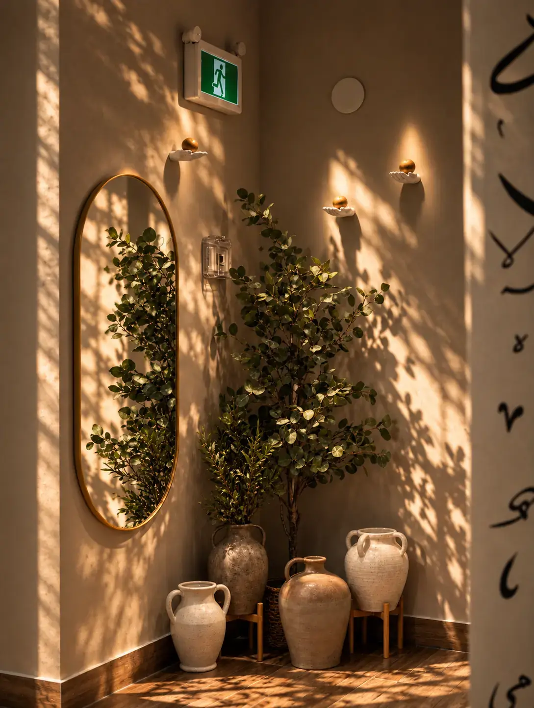 An arched mirror framed in greenery beside an olive tree and clay vessels, lit by warm afternoon sun.