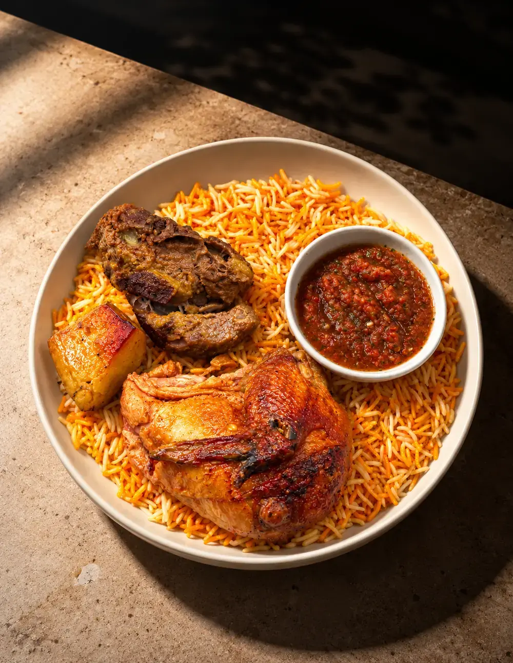 Chicken and lamb mandi over saffron rice