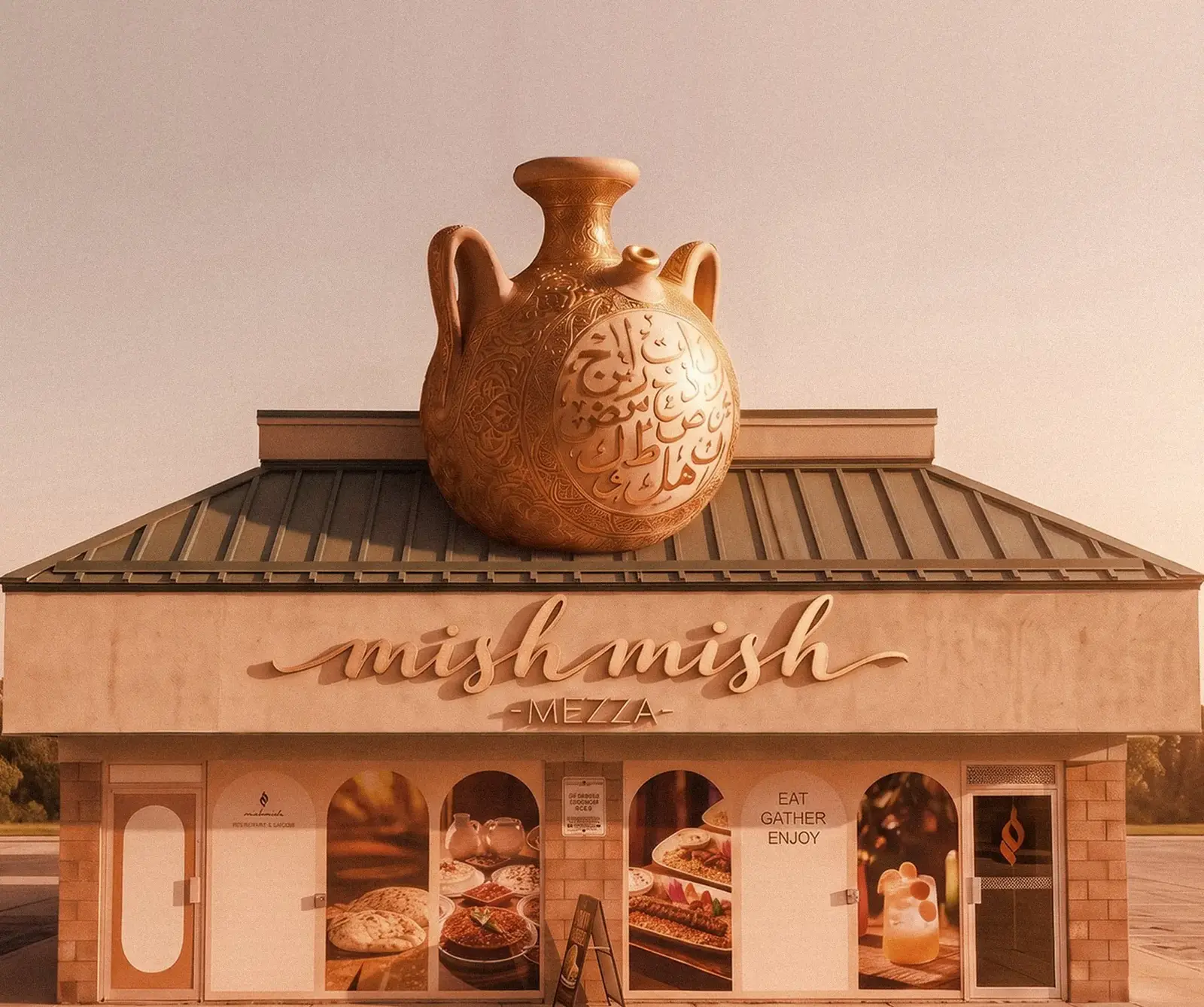 The Mish Mish mezza storefront at golden hour, a carved clay vessel on the roof above the mish mish sign.