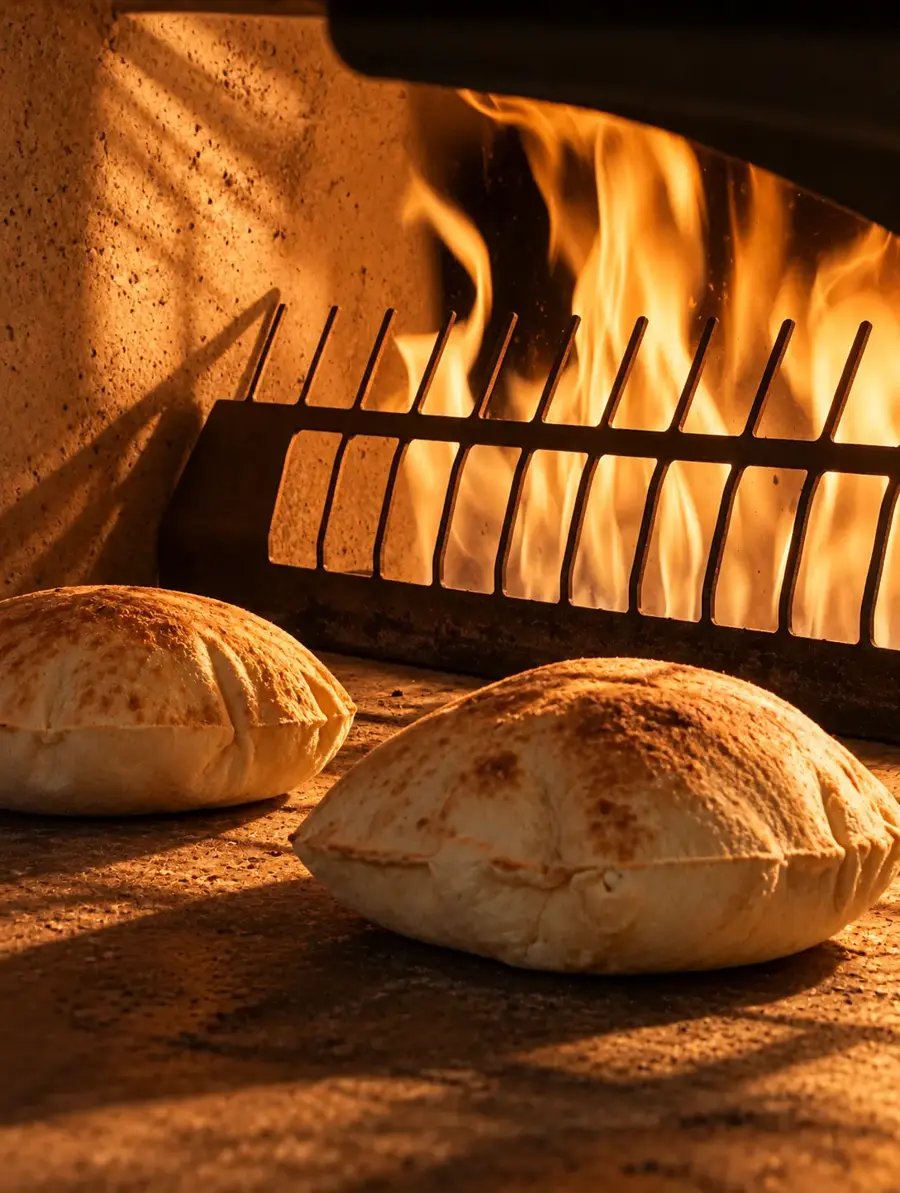 Puffed, freshly baked bread in front of the open flame of the oven.