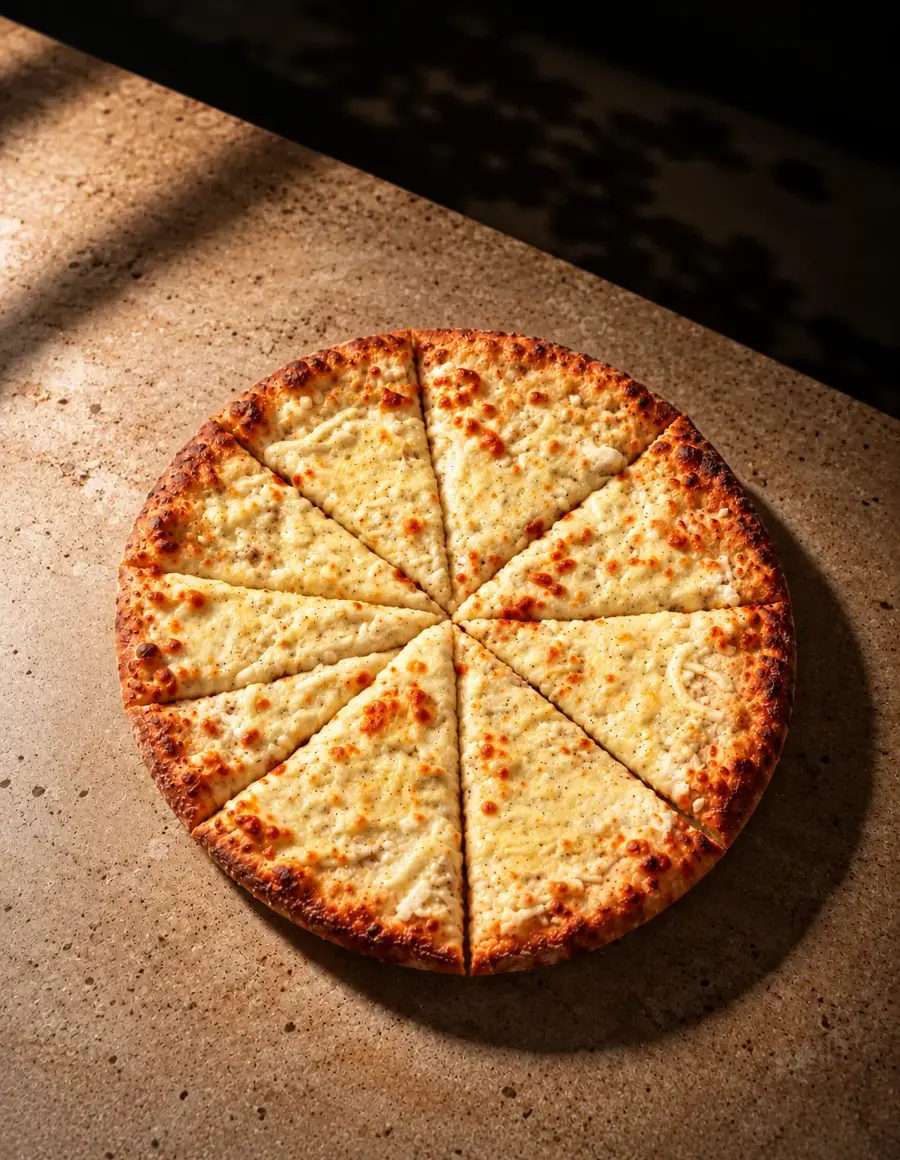 A cheese manakish cut into wedges on a stone counter in the afternoon light.