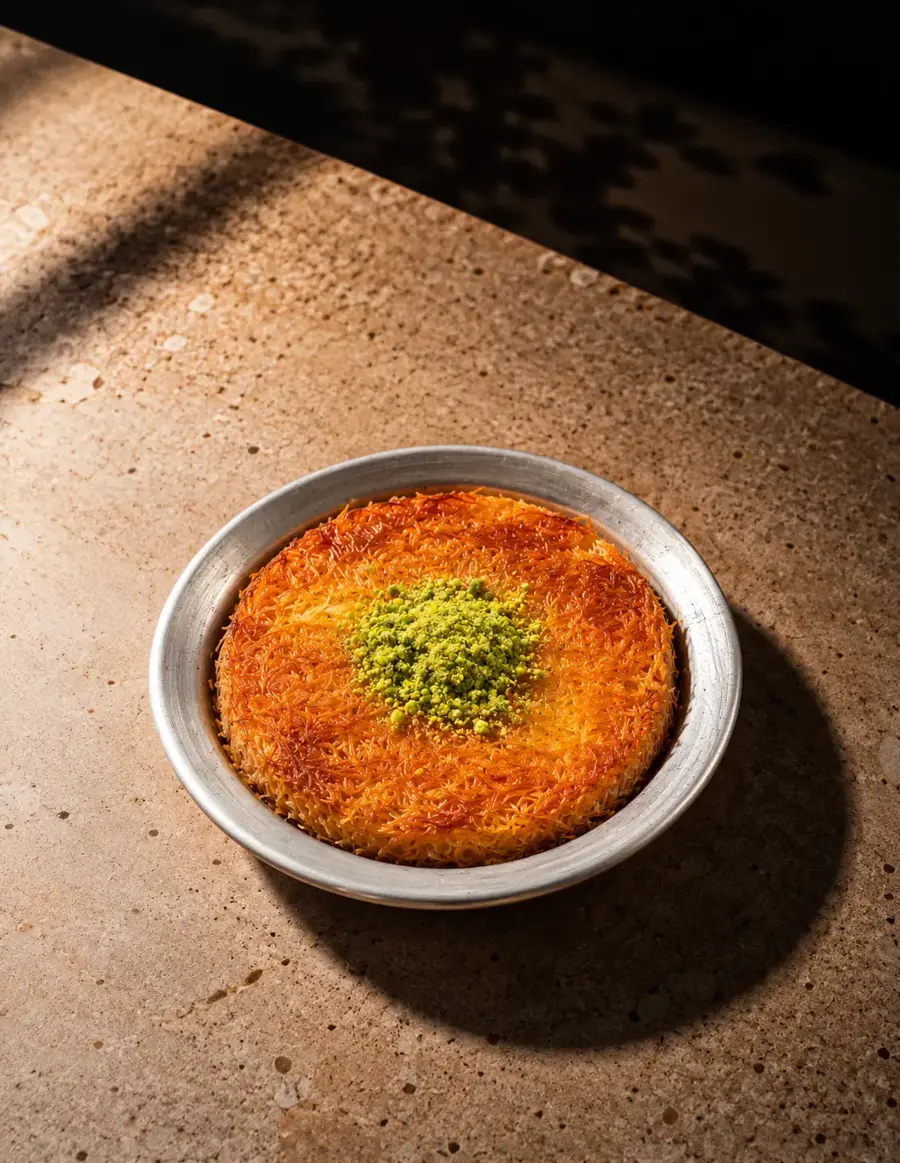A round of golden kunafa crowned with crushed pistachio on a silver plate.