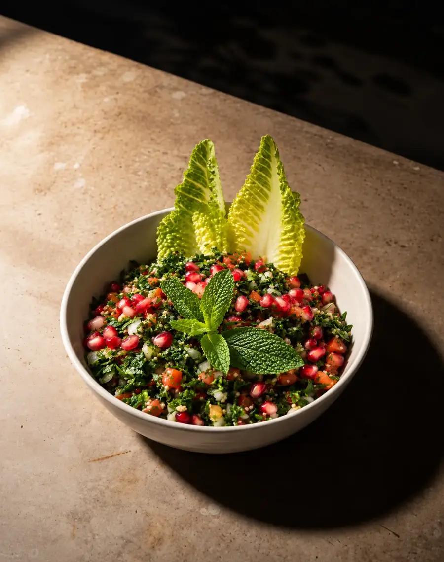 A white bowl of tabbouleh with pomegranate seeds, mint and crisp romaine leaves.