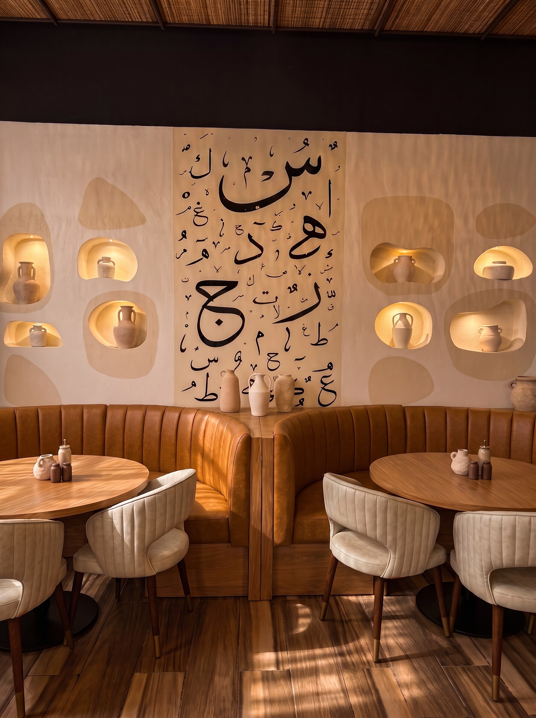 The Mish Mish mezza dining room with illuminated pottery niches, Arabic calligraphy artwork, and curved banquette seating.